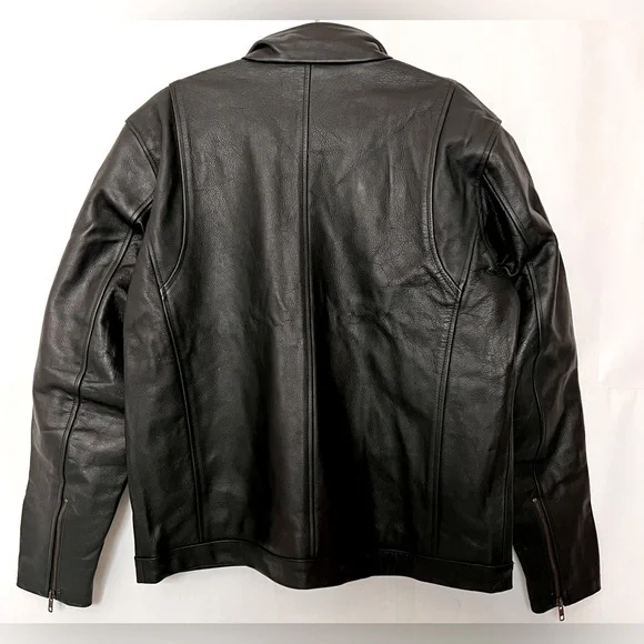 *CUSTOM* Mens Black Cafe Racer Leather Jacket With White Stripes Size L - Picture 3 of 15